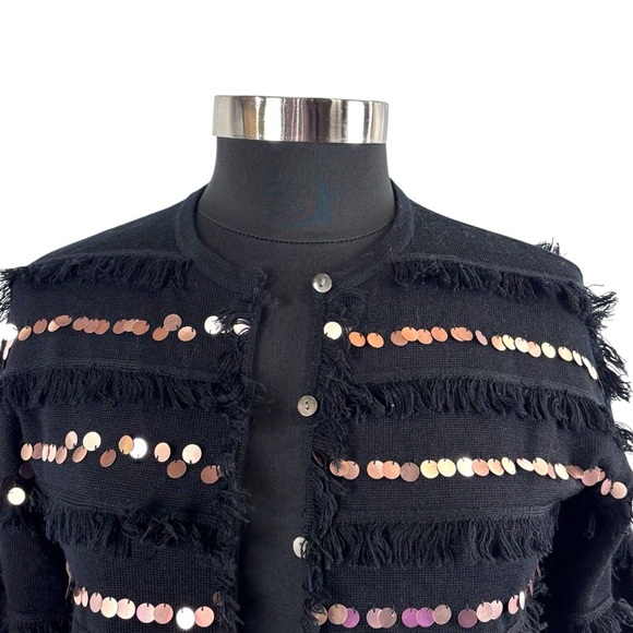 EDINBURGH KNITWEAR 100% WOOL FRINGE IRIDESCENT SEQUIN STRIPE CARDIGAN SWEATER - Picture 6 of 13